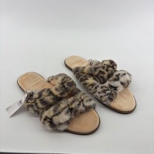 LOFT Womens Large 9/10 Brown Leopard Faux Fur Double Strap Slide Slippers NWT